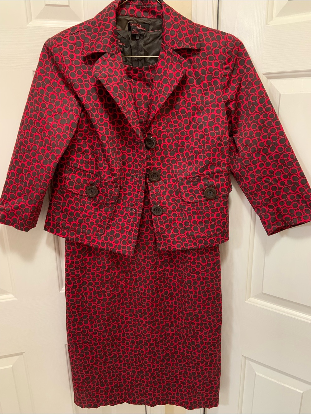 Red and Black Circle-Print Blazer & Skirt Set